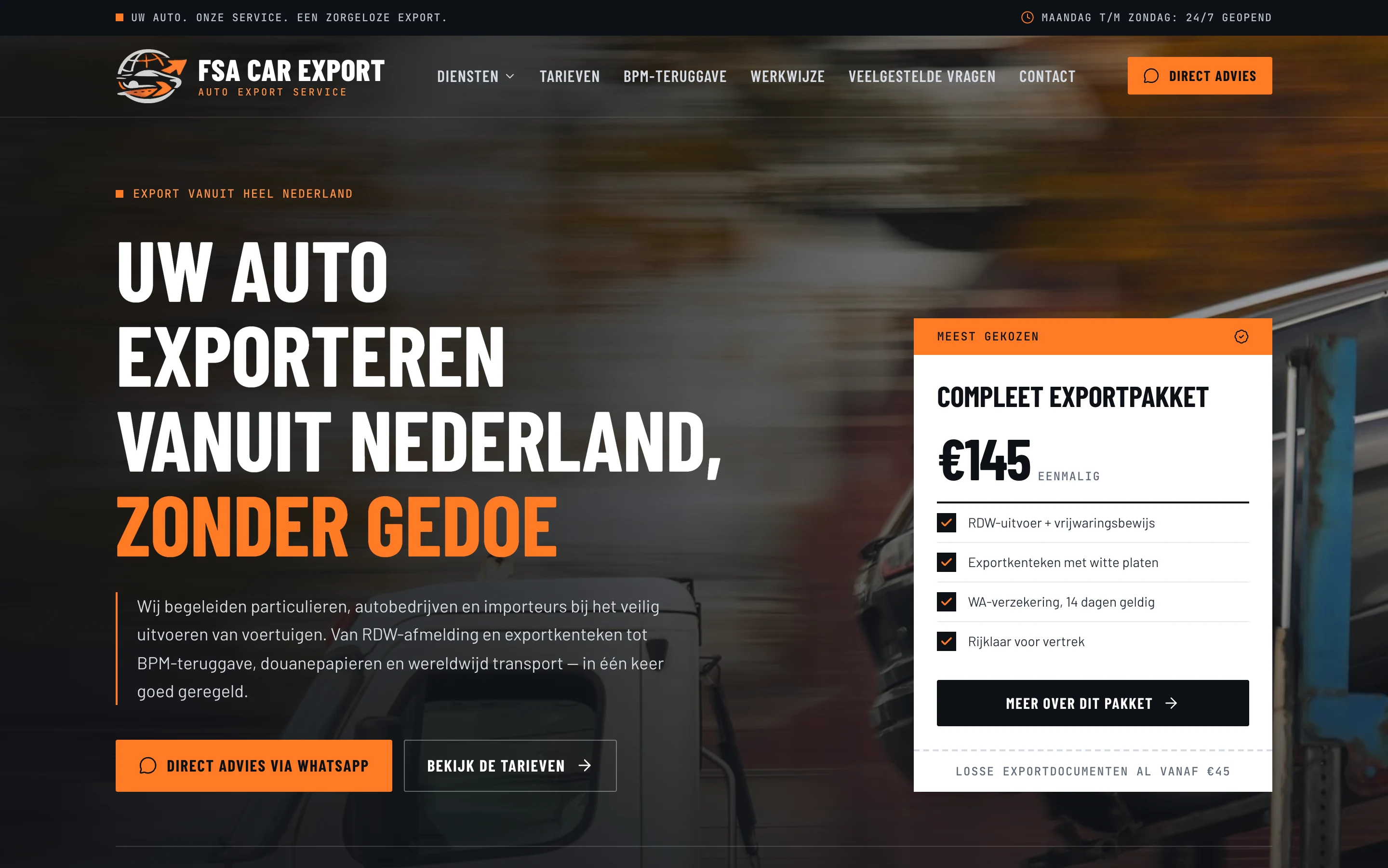 The FSA Car Export homepage, next to the complete export package at 145 euro