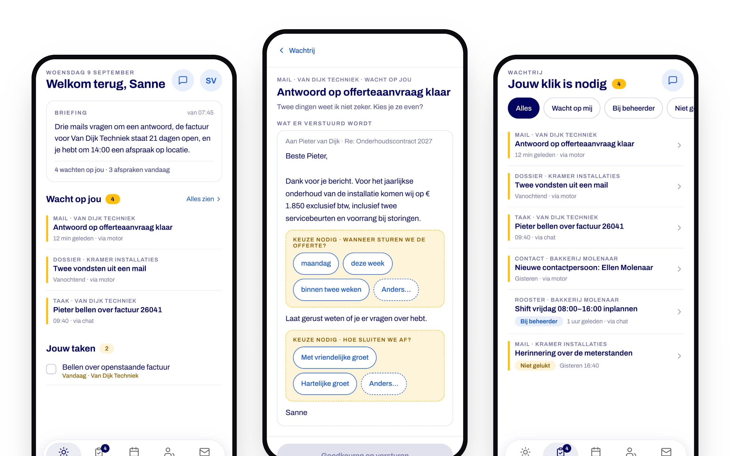 Three screens of the RMA Command Center app: today's overview, a draft reply waiting for two choices, and the approval queue