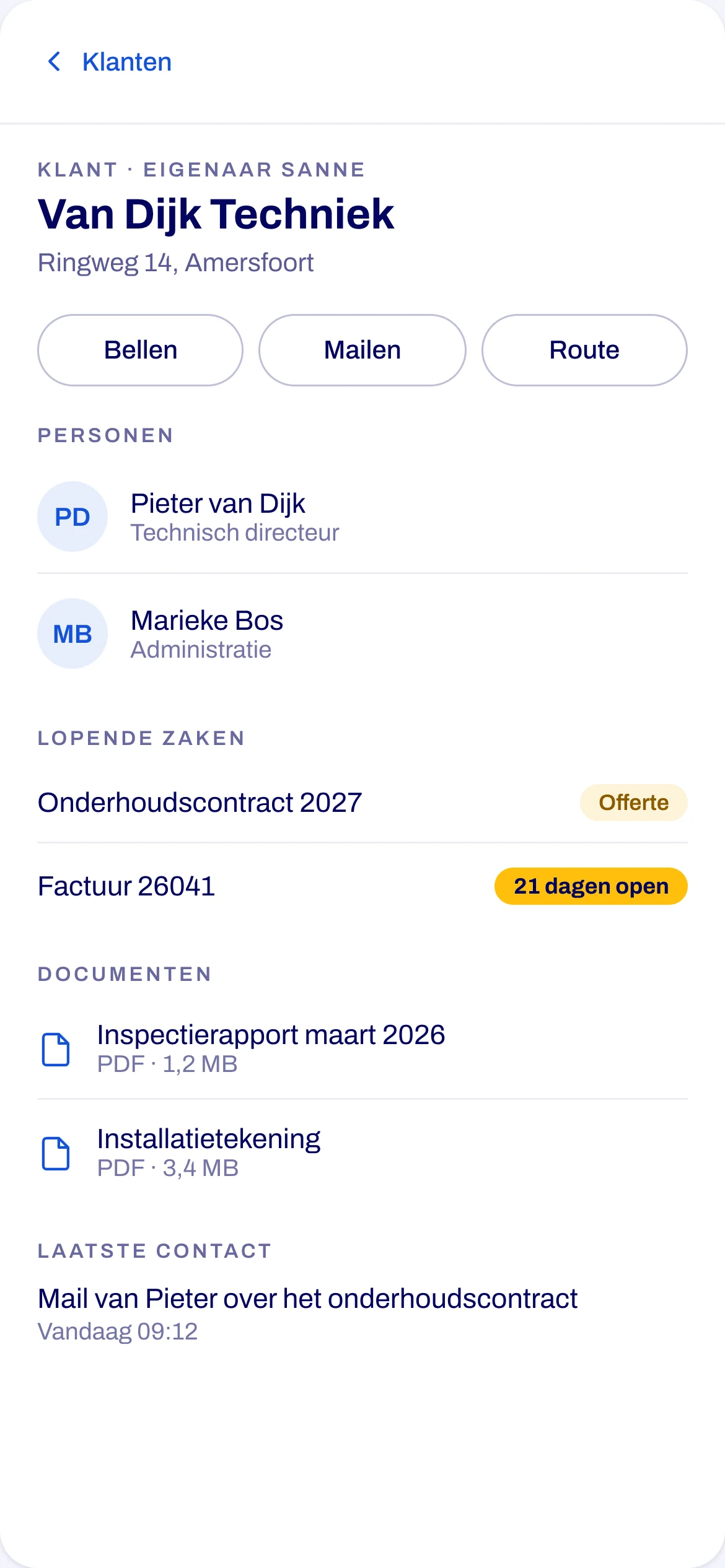 A customer file with contacts, running work and documents