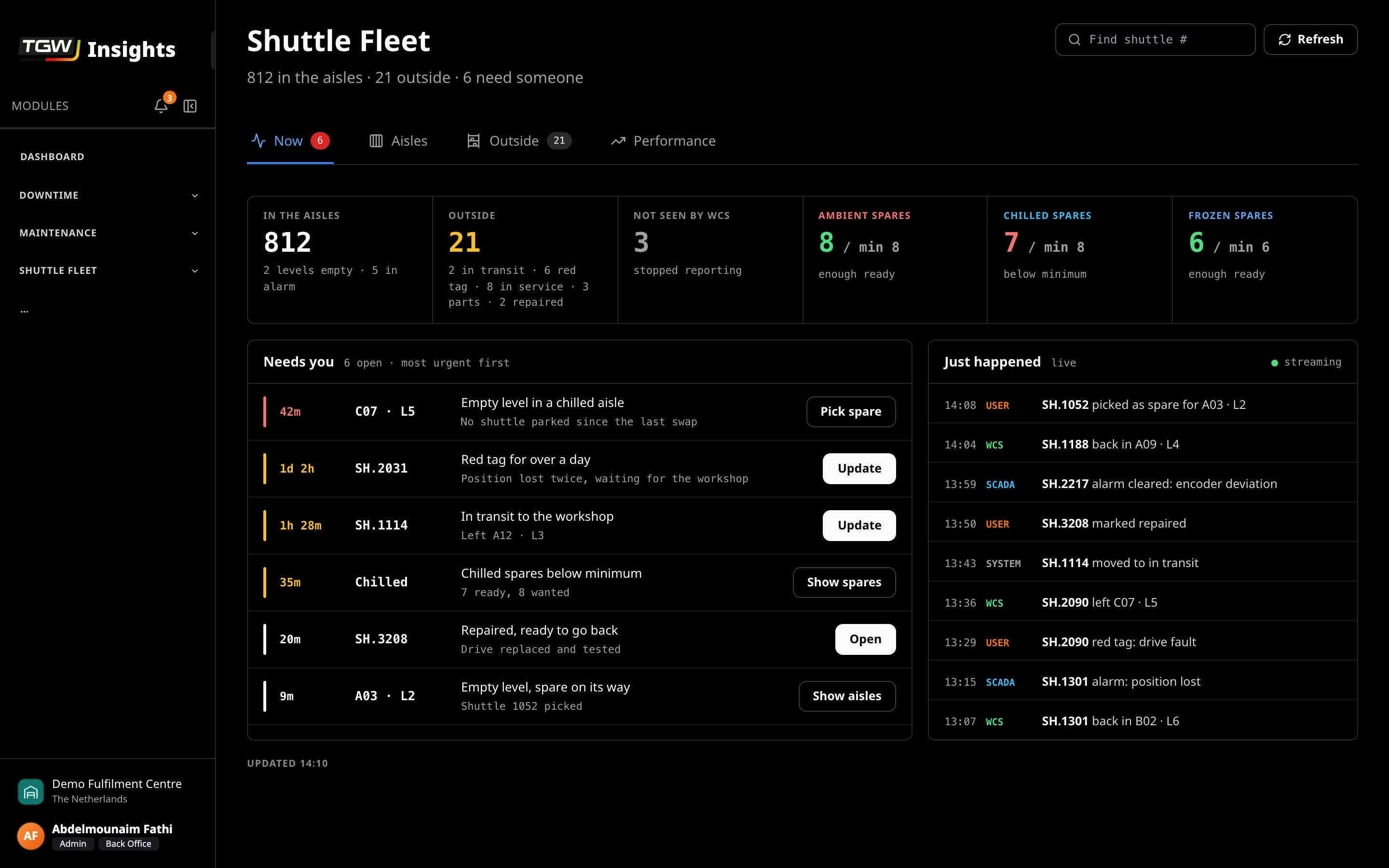 The Shuttle Fleet page with demo data: fleet status, what needs someone, and a live feed