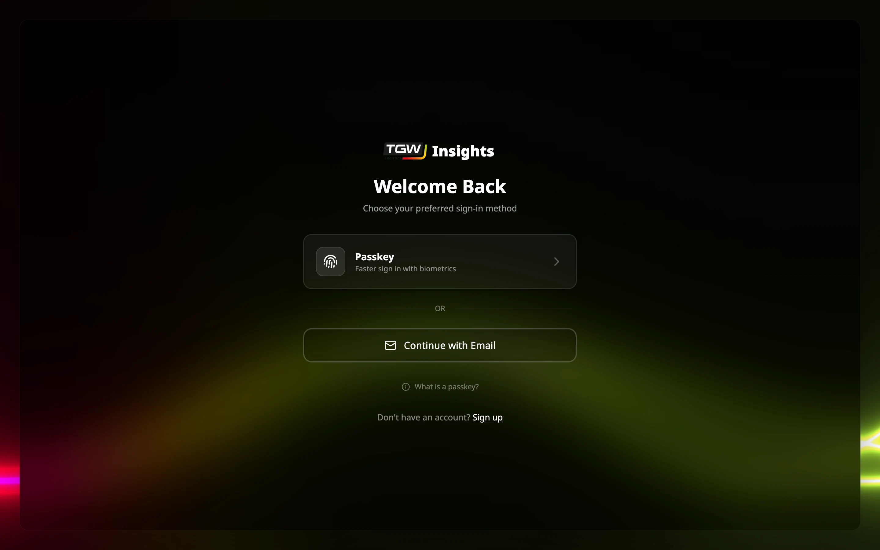 The Insights sign-in screen with passkey and email options